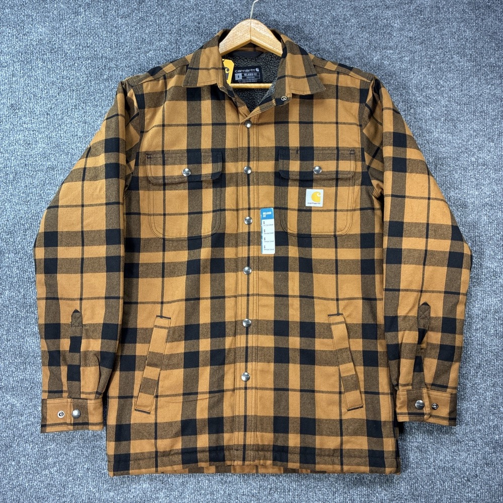 Carhartt Shirt Jacket Mens S Orange Plaid Flannel Sherpa Lined Shacket Relaxed